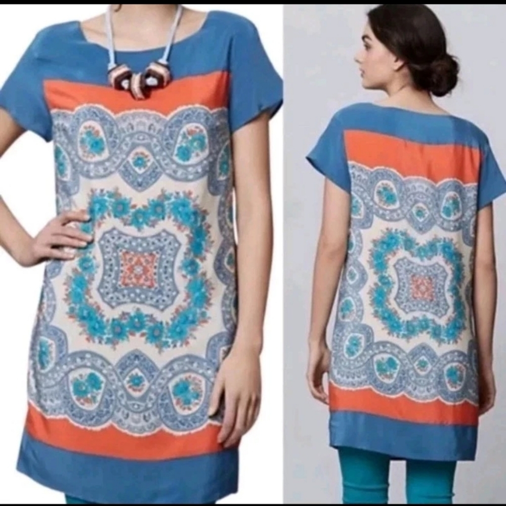 Anthropologie Meadow Rue Shift Silk Dress Blue Orange Knee Length Tunic Size M